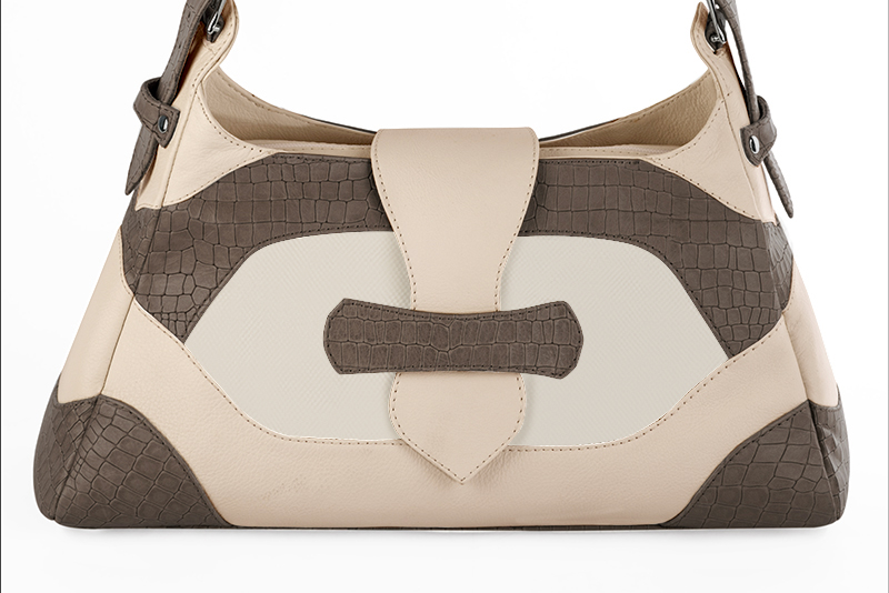 Dress handbag in taupe brown, off white and champagne white leather - Profile view